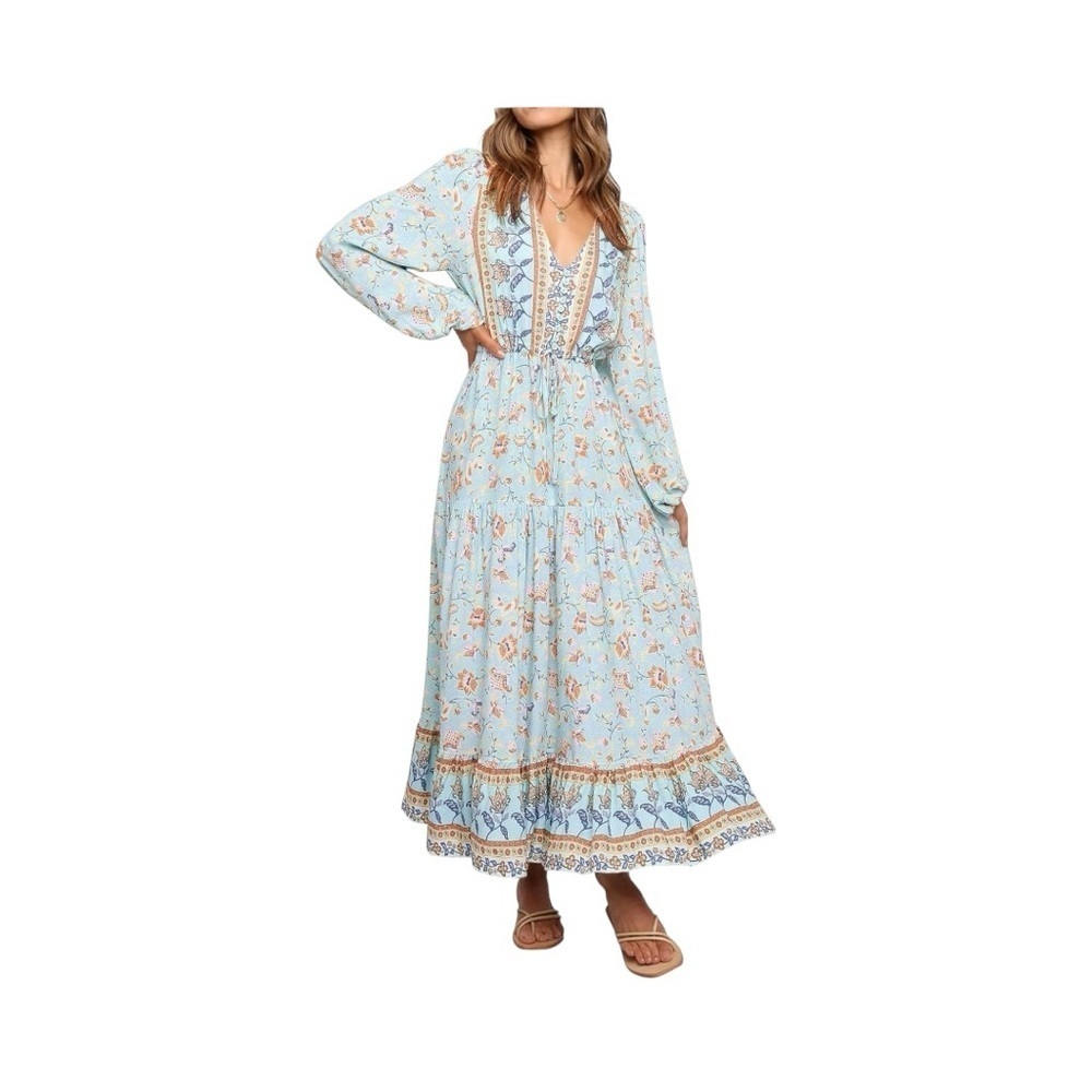 R.Vivimos Bohemian Blue Floral Midi Dress XL Puff Sleeves V-Neck Button-Up